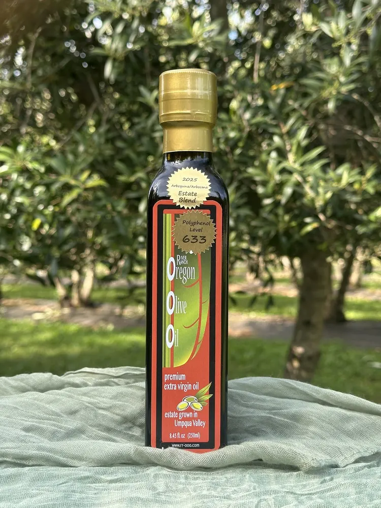 River Ranch 2025 Estate Blend extra virgin olive oil bottle in its Oregon olive grove